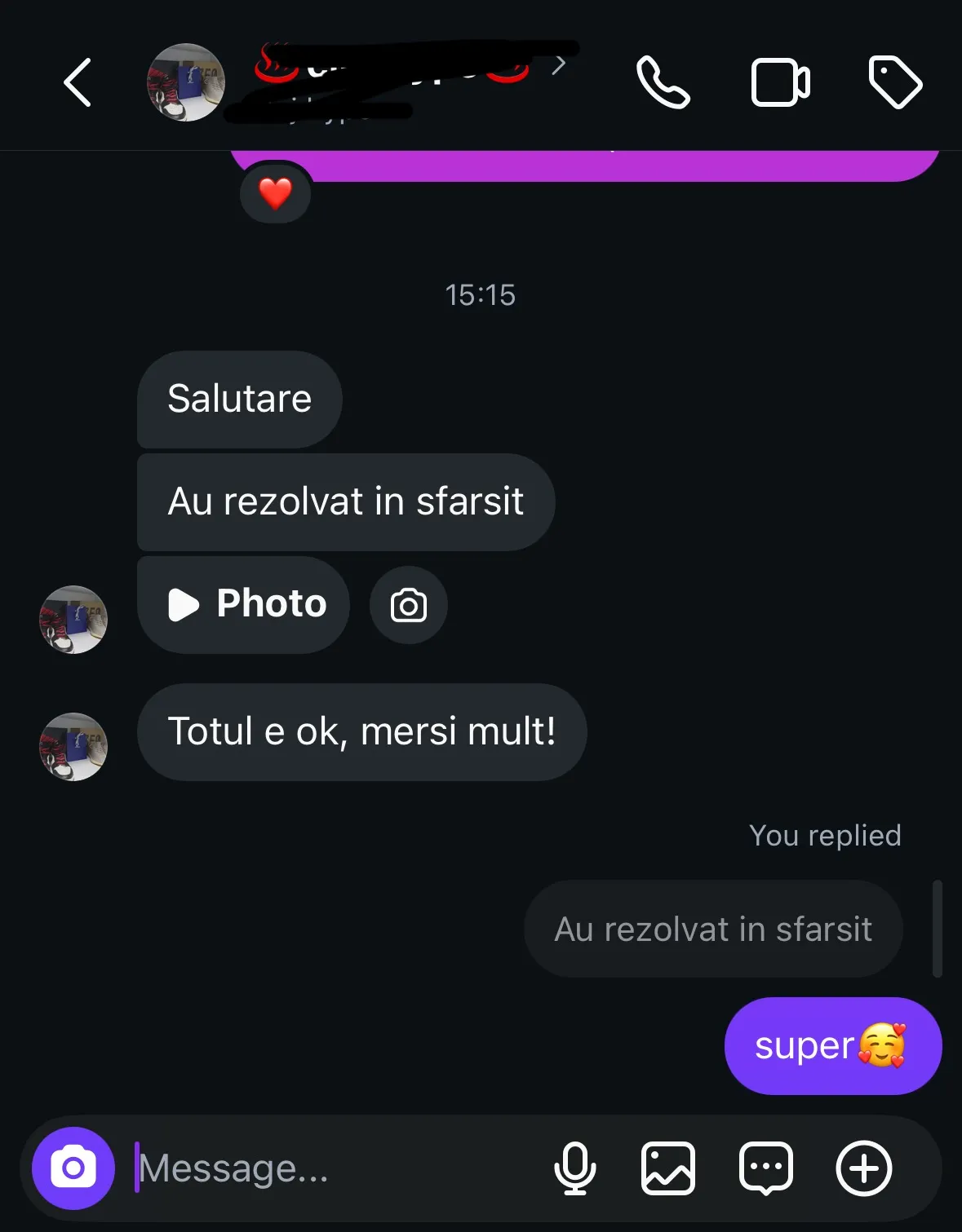 Recenzie de la un client pe Instagram